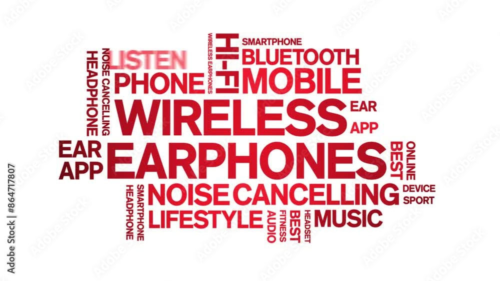 Wireless Earphones animated word cloud;text design animation tag kinetic typography seamless loop. Wireless Earphones animated word cloud;text design animation tag kinetic typography seamless loop.