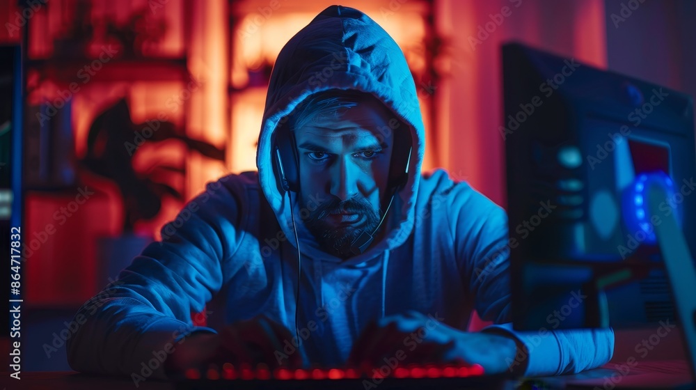 A man in a hoodie is playing a video game on a computer A man in a hoodie is playing a video game on a computer