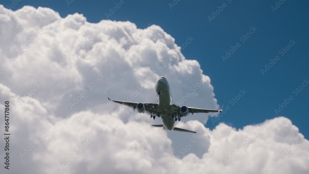 plane flying through a blue sky with lots of clouds in the middle of it