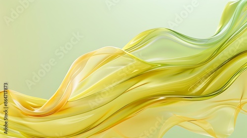 Close-up of an abstract, wavy liquid shape in yellow and green tones on the right side of the frame. The background is a solid color