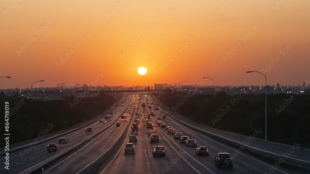 a photograph of the sun is setting over a highway with cars driving on it and street lights in the foreground a photograph of the sun is setting over a highway with cars driving on it and street lights in the foreground