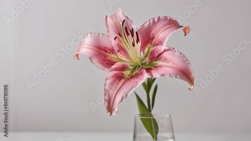 A single pink lily in a glass vase, isolated on a white background.