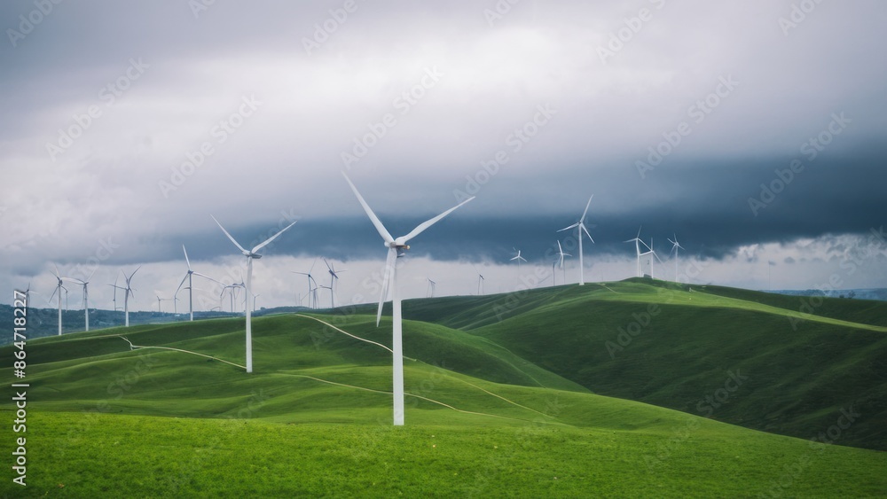 group of wind turbines sitting on top of a lush green hillside under a cloudy sky group of wind turbines sitting on top of a lush green hillside under a cloudy sky
