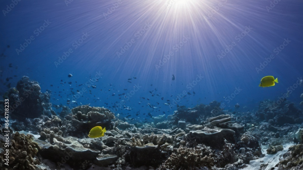 Naklejka premium coral reef with a variety of fish in the water and sun shining through the water