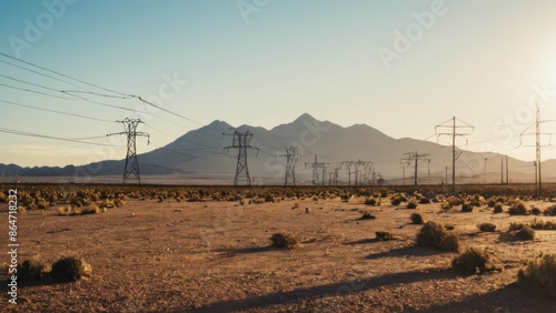 desert area with a mountain in the background and power lines in the foreground