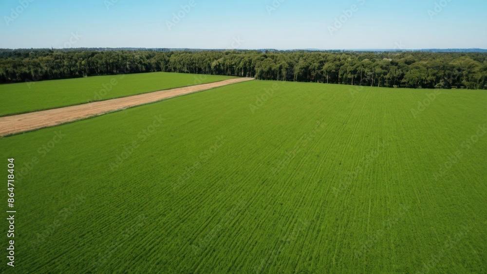 Obraz premium a photograph of an aerial view of a green field with trees and a blue sky in the background