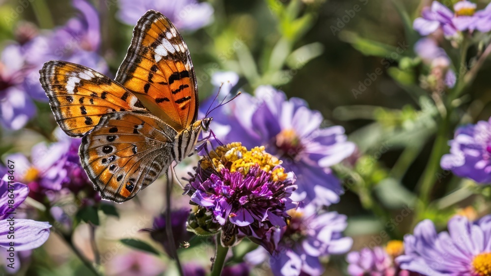 A close-up of a butterfly on a purple flower, captured with brillia A close-up of a butterfly on a purple flower, captured with brillia
