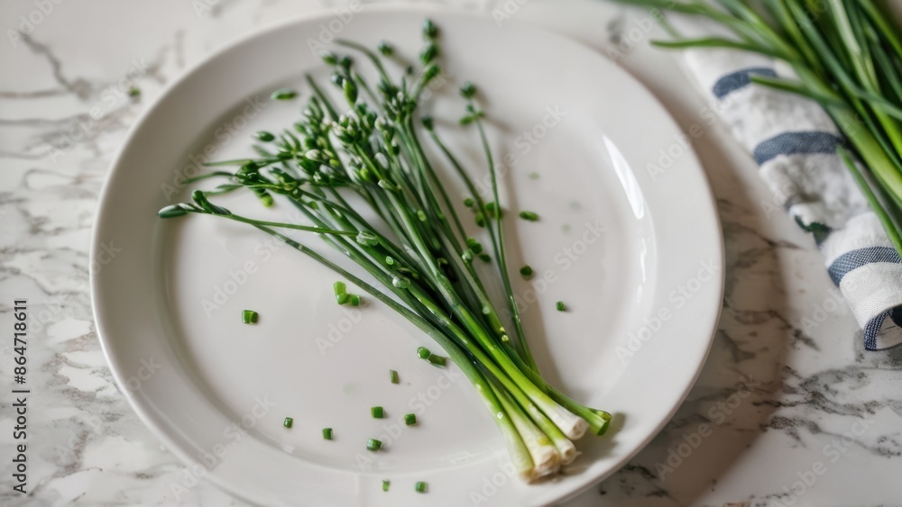 A fresh green chive sprig, on a white ceramic plate.