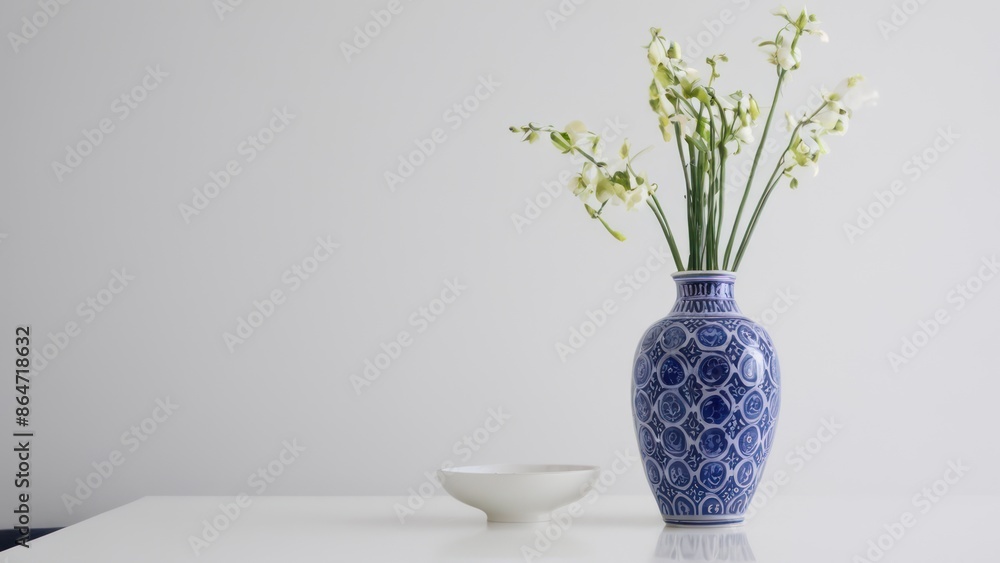 blue and white vase sitting on top of a white table next to a white wall blue and white vase sitting on top of a white table next to a white wall