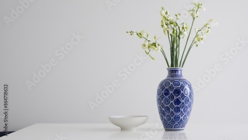 blue and white vase sitting on top of a white table next to a white wall