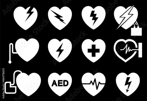 AED Automated External Defibrillator White Icon Set Symbol Sign, Vector Illustration, Isolate On White Background Label .EPS10