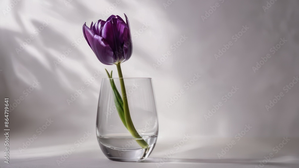 A single purple tulip in a glass vase, isolated on a white background. A single purple tulip in a glass vase, isolated on a white background.