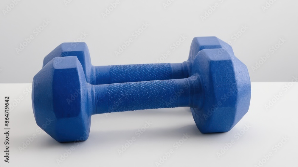 a photograph of two blue dumbbells sitting next to each other on top of a white surface a photograph of two blue dumbbells sitting next to each other on top of a white surface