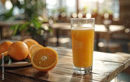 Fresh Orange Juice and Fruit Slices on a Wooden Table