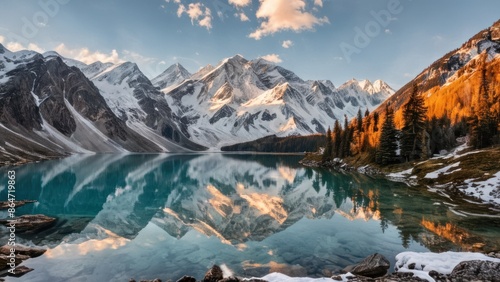A serene mountain landscape with a clear lake and snow-capped peaks.