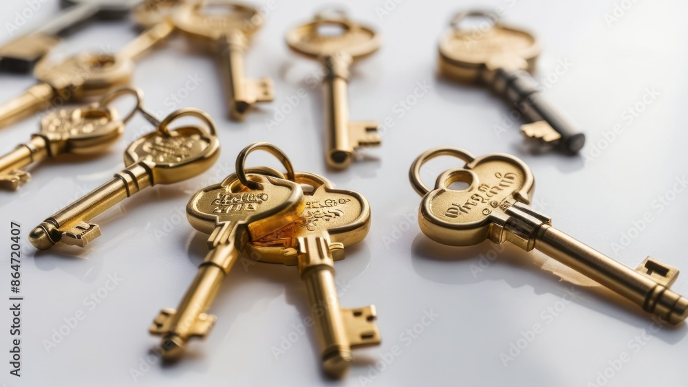 A set of golden keys on a white background. A set of golden keys on a white background.