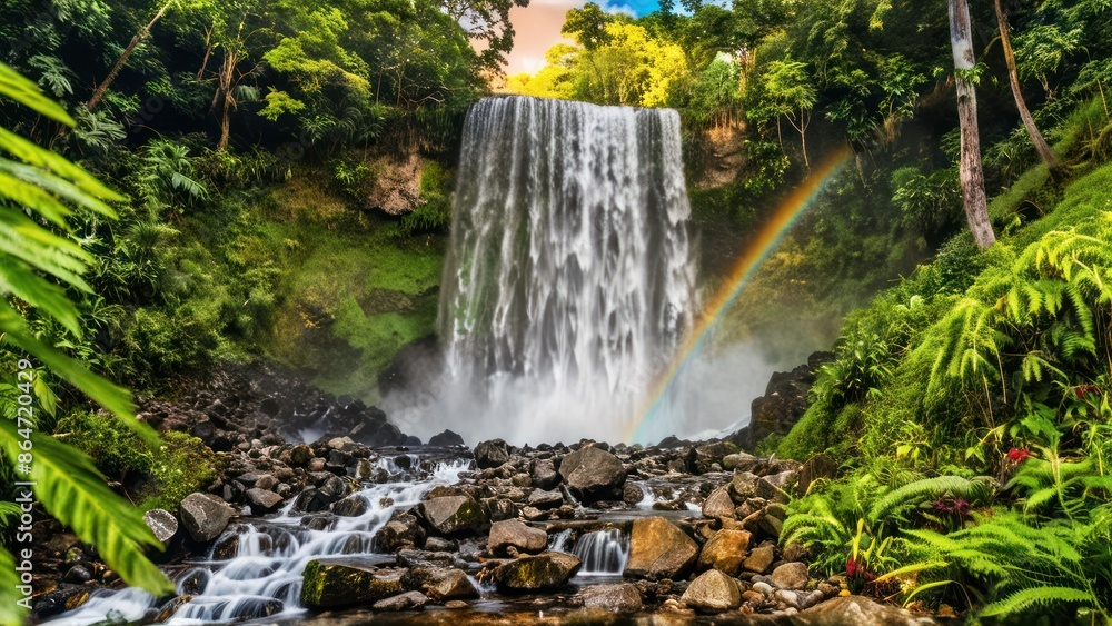 Obraz premium A vibrant rainbow over a waterfall, set against a lush green forest.