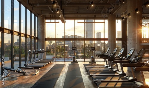 Modern Cityscape Gym With Treadmills And Sunset View