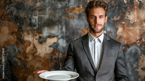 Businessman in Suit Holding a Plate