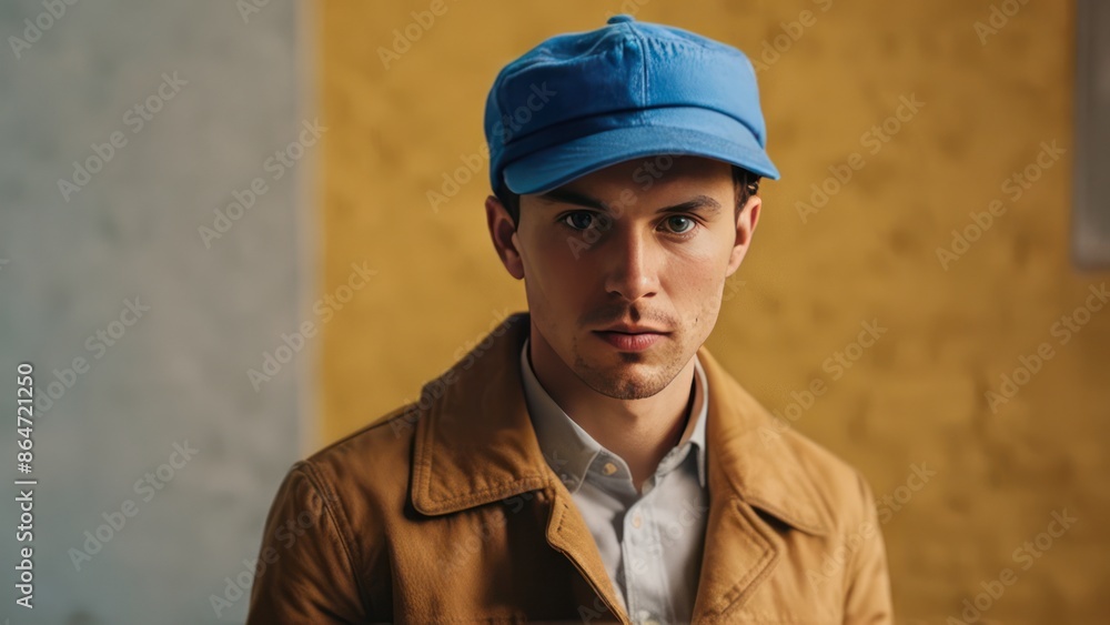 A blue hat on a yellow background, photographed in high-resolution. A blue hat on a yellow background, photographed in high-resolution.