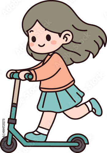 Kids riding scooter cartoon illustrations