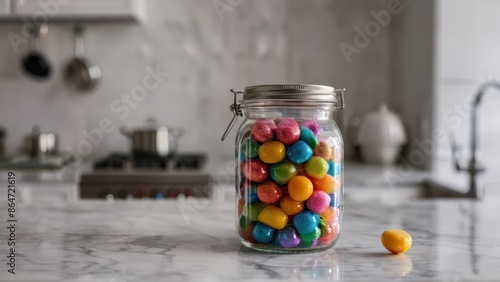 A clear glass jar filled with sugar, on a white marble surface.