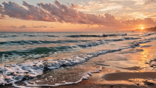 Fototapeta Naklejka Na Ścianę i Meble -  A serene beach at dawn, with gentle waves and soft light.