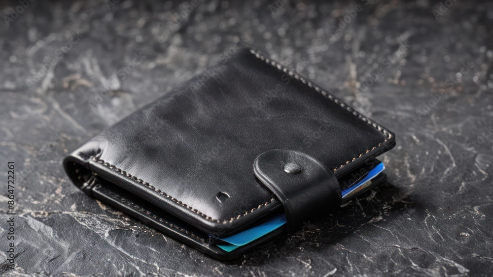 A black wallet on a grey background, photographed in high-resolution. A black wallet on a grey background, photographed in high-resolution.