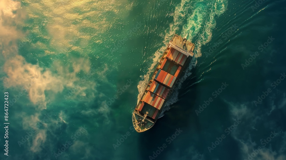 Navigating the Waters: Top-Down Aerial View of a Large Container Ship at Sea Navigating the Waters: Top-Down Aerial View of a Large Container Ship at Sea