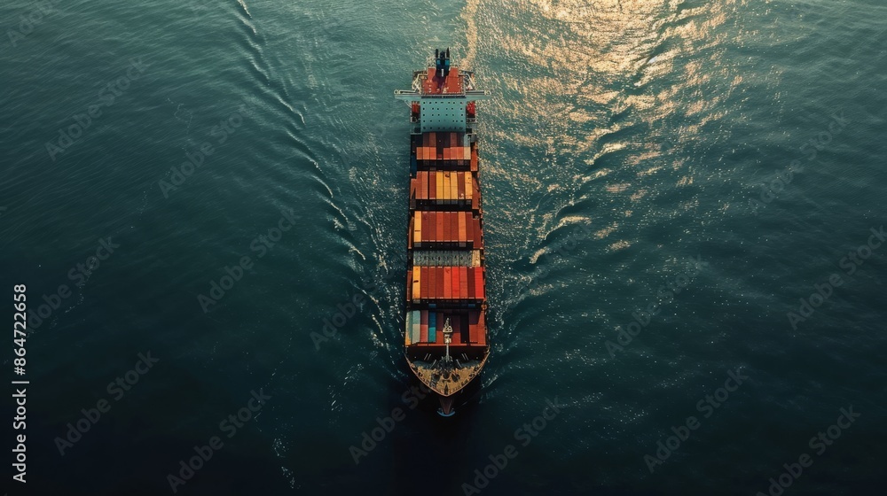 Navigating the Waters: Top-Down Aerial View of a Large Container Ship at Sea Navigating the Waters: Top-Down Aerial View of a Large Container Ship at Sea