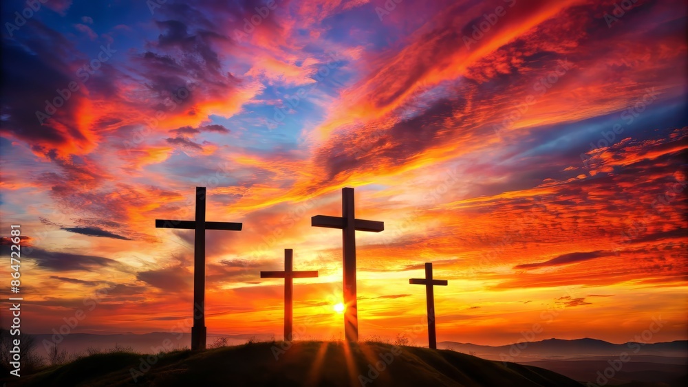 Silhouetted three crosses stand tall against vibrant orange and pink hues of sunset sky, set amidst a serene and peaceful rural landscape. Silhouetted three crosses stand tall against vibrant orange and pink hues of sunset sky, set amidst a serene and peaceful rural landscape.