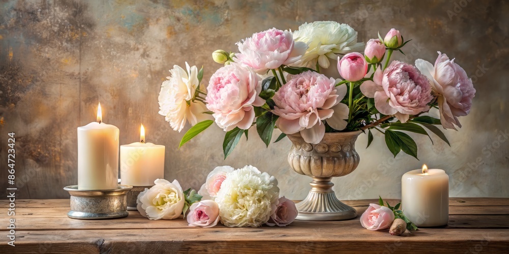 Obraz premium Elegant still life arrangement featuring freshly cut peonies, white candles, and ornate vase on a worn wooden table against a soft, creamy background.
