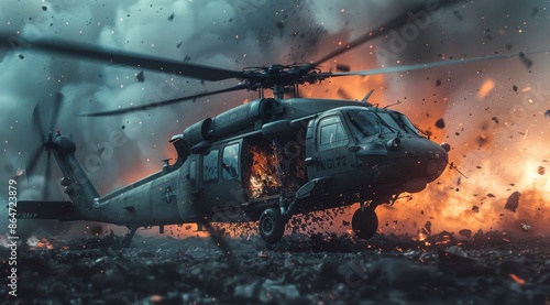 Black Hawk Helicopter Flying Through Fire and Debris