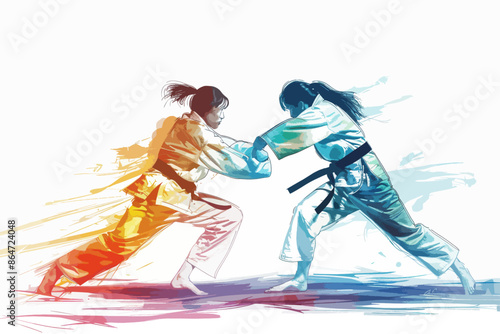 Two female martial artists grappling. One is highlighted in warm tones, the other in cool tones.. Olympics in France 2024.