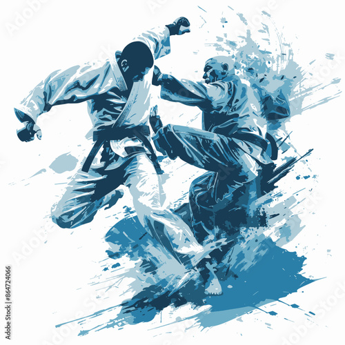 Two martial artists in intense combat. One is delivering a powerful kick while the other blocks.. Olympics in France 2024.