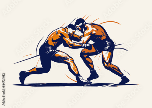 Two fighters in an intense mixed martial arts match. Both are wearing boxing gloves and shorts.. Olympics in France 2024.