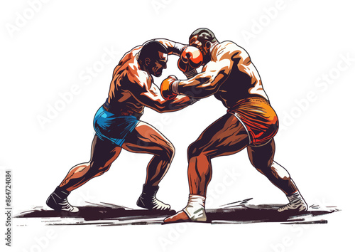 Two fighters in a mixed martial arts match. They are engaging in intense combat.. Olympics in France 2024.