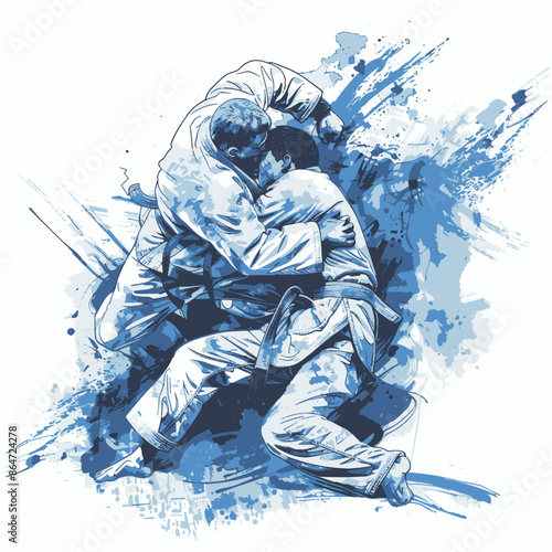 Two martial artists grappling in a match. Both are wearing traditional uniforms.. Olympics in France 2024.