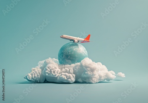 White Airplane Landing on Blue Sphere With Clouds