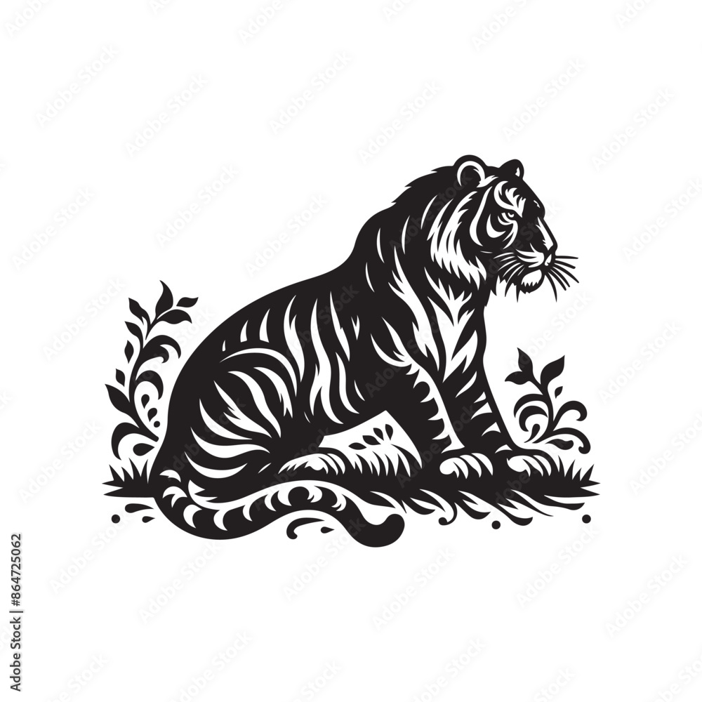 Fototapeta premium Hand Drawn Tiger Silhouette Isolated On White Background. Vector Illustration In Flat Style.