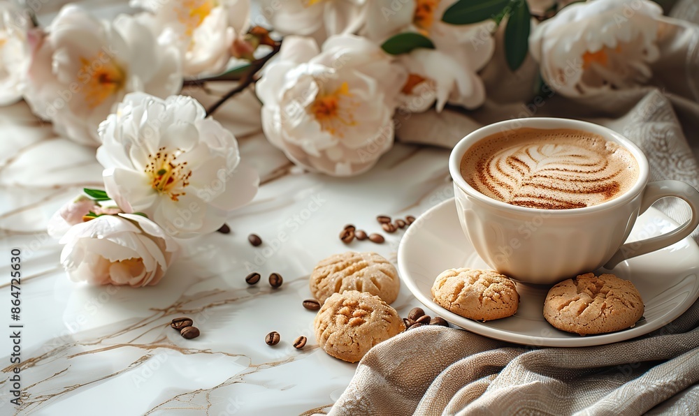 a serene coffee break setup with a cup cookies a gift and flowers on a marble backdrop perfect for lifestyle content.photo stock a serene coffee break setup with a cup cookies a gift and flowers on a marble backdrop perfect for lifestyle content.photo stock