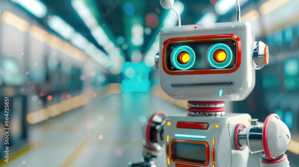 A robot with red and orange eyes stands in a room with blue lights A robot with red and orange eyes stands in a room with blue lights