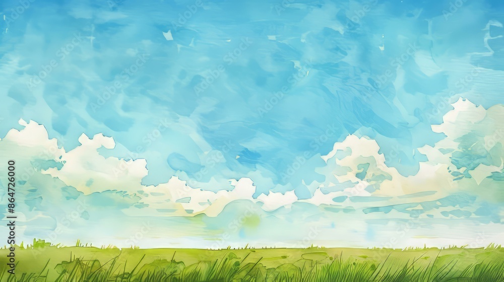 Watercolor sky and grass field. Idyllic scene with fluffy clouds in a blue sky over a lush green field. Perfect for nature and travel designs. Watercolor sky and grass field. Idyllic scene with fluffy clouds in a blue sky over a lush green field. Perfect for nature and travel designs.