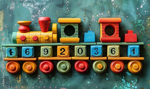 educational wooden toy train carrying blocks with numbers and geometric shapes on a soft green background ideal fors related to early childhood education learning through play.image illustration photo