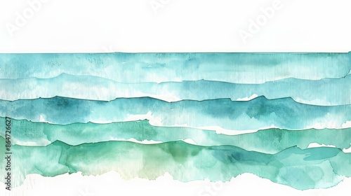Watercolor ocean waves abstract painting. Watercolor painting of blue and green ocean waves, abstract seascape art print, peaceful nature background.