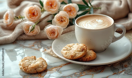 Wallpaper Mural elegant morning coffee setup with cookies a gift and flowers on a marble background perfect for a cozy start to the day.photo stock Torontodigital.ca