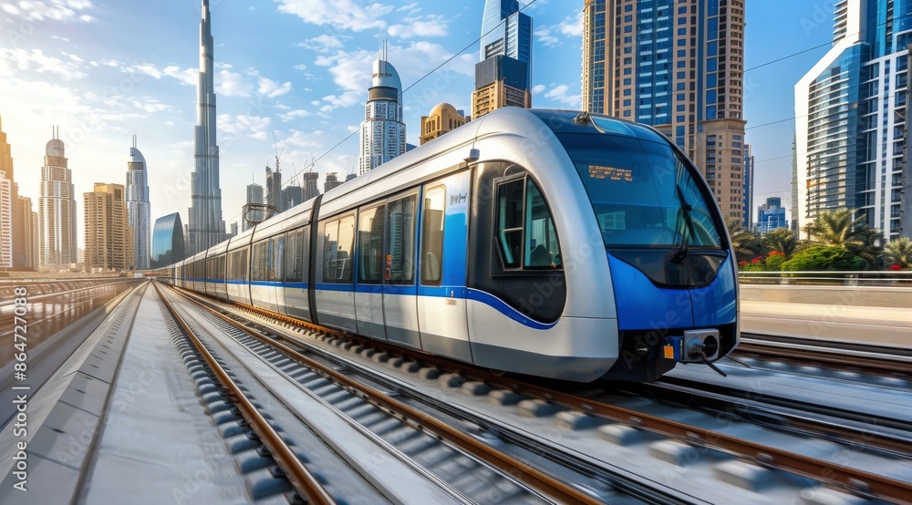 Naklejka premium Modern Tram Traveling Through Dubai Cityscape at Sunset