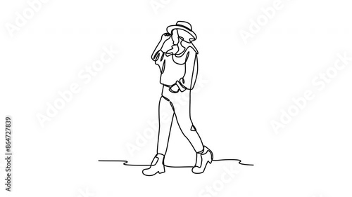The singleline drawing features a woman gracefully walking with a stylish hat, suitable for fashion design projects or feminine themes.