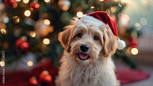 Cute puppy sitting by Christmas tree looking joyful, AI Generative.