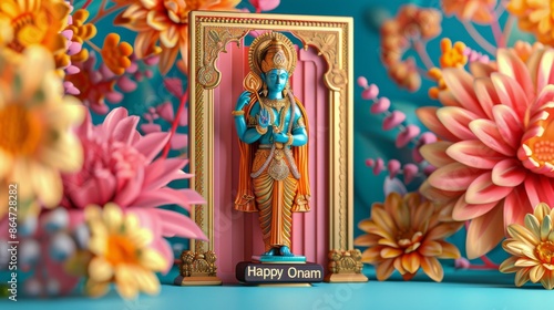 Happy Onam Greeting With Deity Statue and Floral Decorations